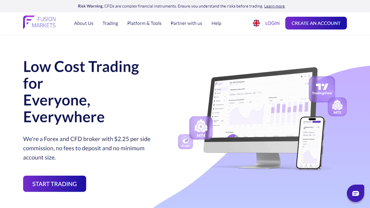 Trading platform and dashboard preview for Fusion Markets prop firm evaluation